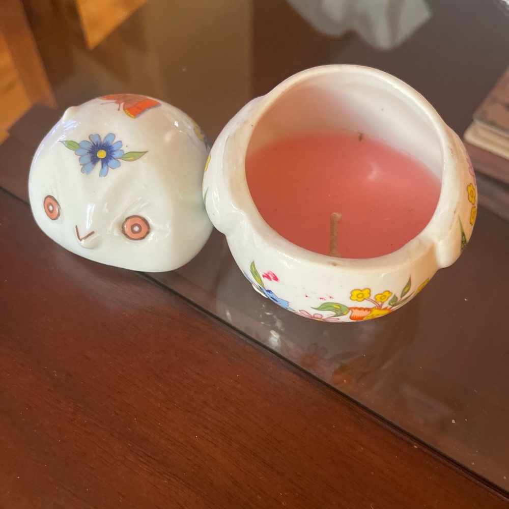 Floral Ceramic Chick Candle Holder with Pink Candle